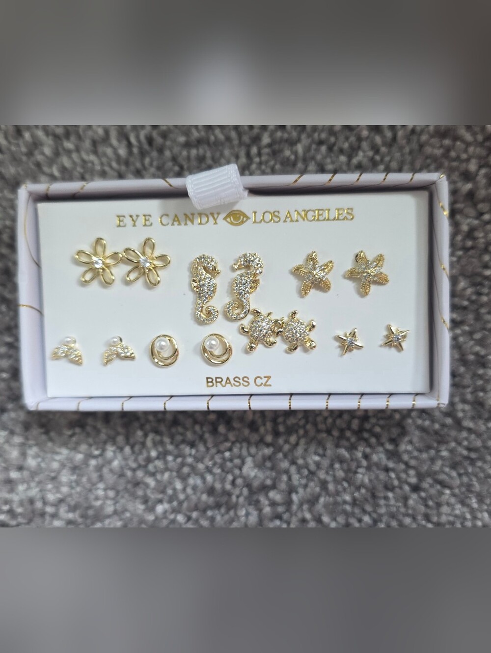 Eye Candy Los Angeles Brass CZ Coastal Sea Life Stud Earring Multi-Pair Box Set